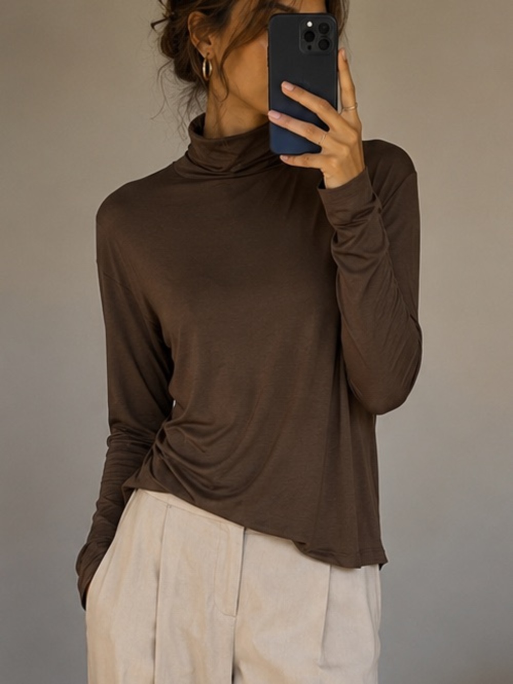 ILTM Brown Morgan Soft Turtleneck Long Sleeve Top XS Minimalist Quiet Luxury